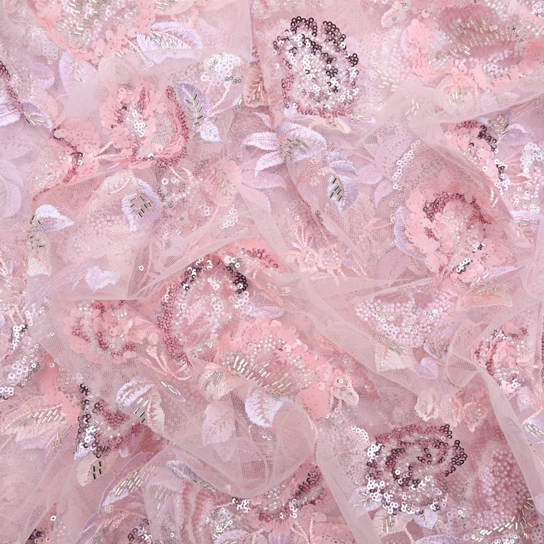 Blush Pink net embroidery fabric.|023-75B