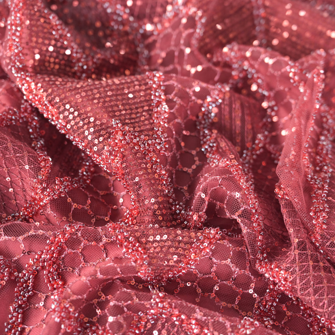 Maroon Imported Net Fabric with allover Zari Embroidery