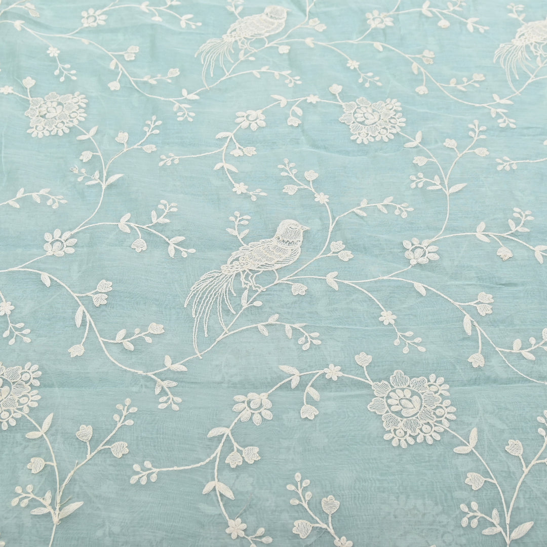 AQUA BLUE COLOR MUL CHANDERI THREAD EMBROIDERY FABRIC GP4120-1