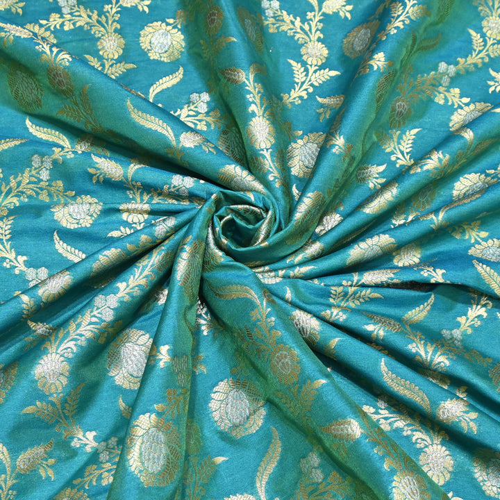 Teal Blue & Antique Gold Floral Brocade Fabric.