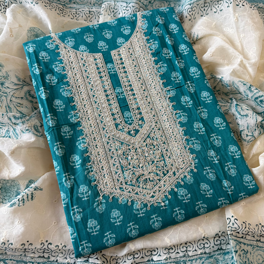 Printed Cotton Aari & Sequins Work Unstitched Suit Set