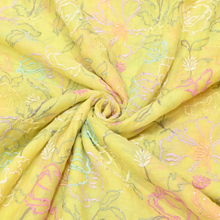 Yellow Mul Chanderi Fabric with allover Thread Embroidery.