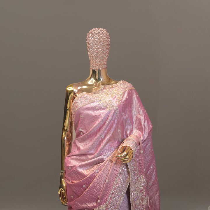 Soft Pink Crush Tissue Saree with Handwork Embroidery