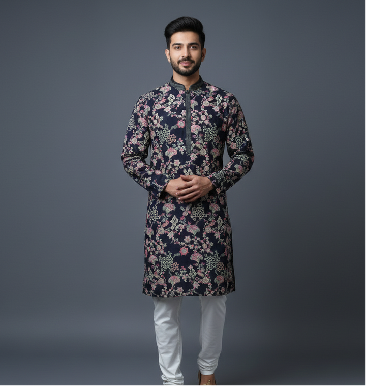 Deep Blue allover Embroidery Georgette Kurta Set