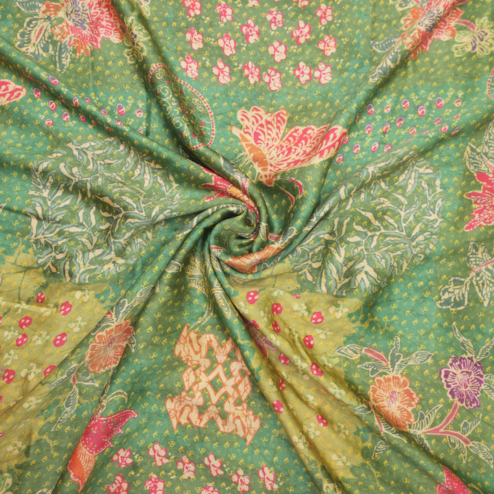 Green Modal Satin Fabric in Multicolor Digital Print