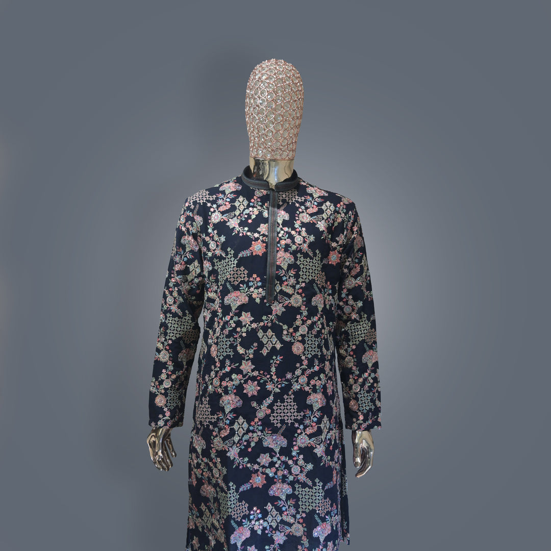 Deep Blue allover Embroidery Georgette Kurta Set