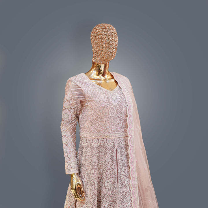 Blush Pink Designer Anarkali Bridal Dress with Heavy Zari, Sequins, Cutdana and Hand Embroidery