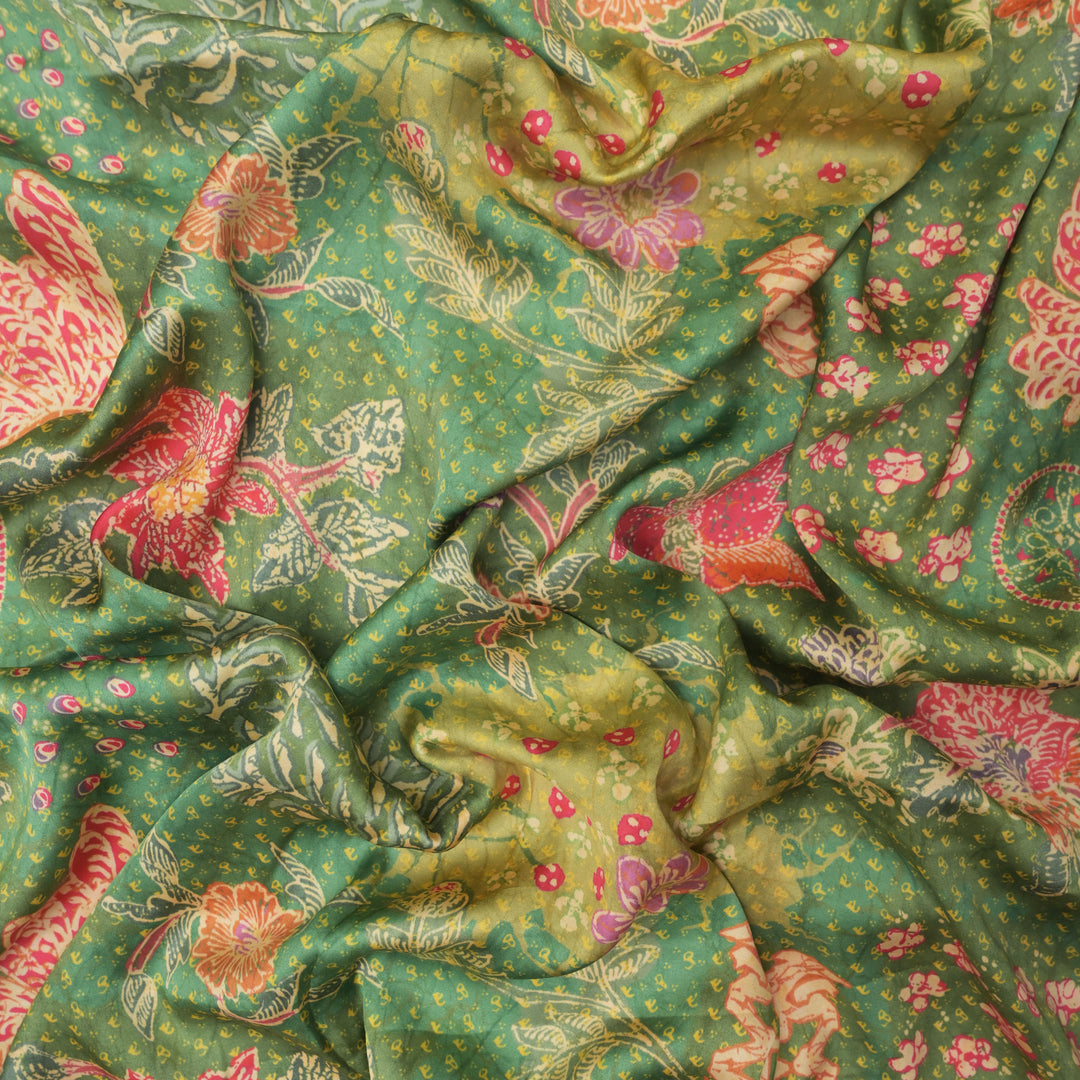 Green Modal Satin Fabric in Multicolor Digital Print