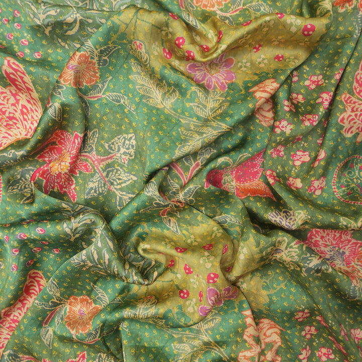 Green Modal Satin Fabric in Multicolor Digital Print