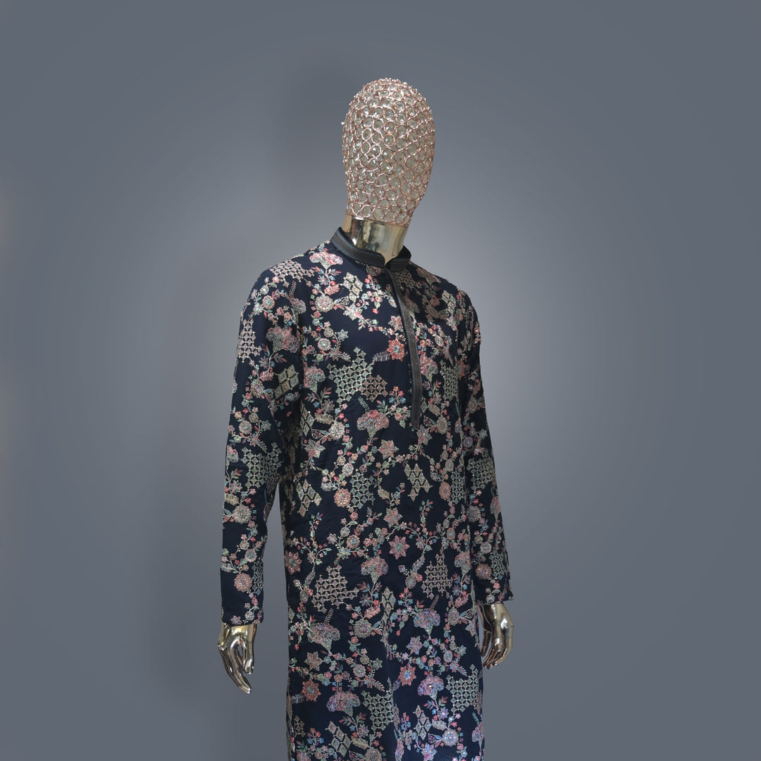 Deep Blue allover Embroidery Georgette Kurta Set