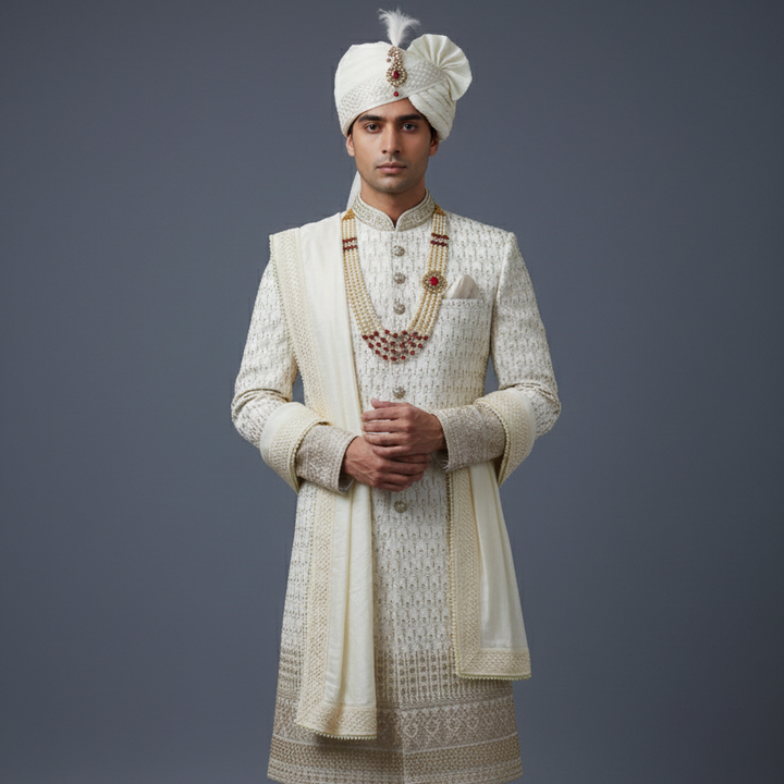 White Raw Silk Sherwani Set with allover Golden Zari Embroidery
