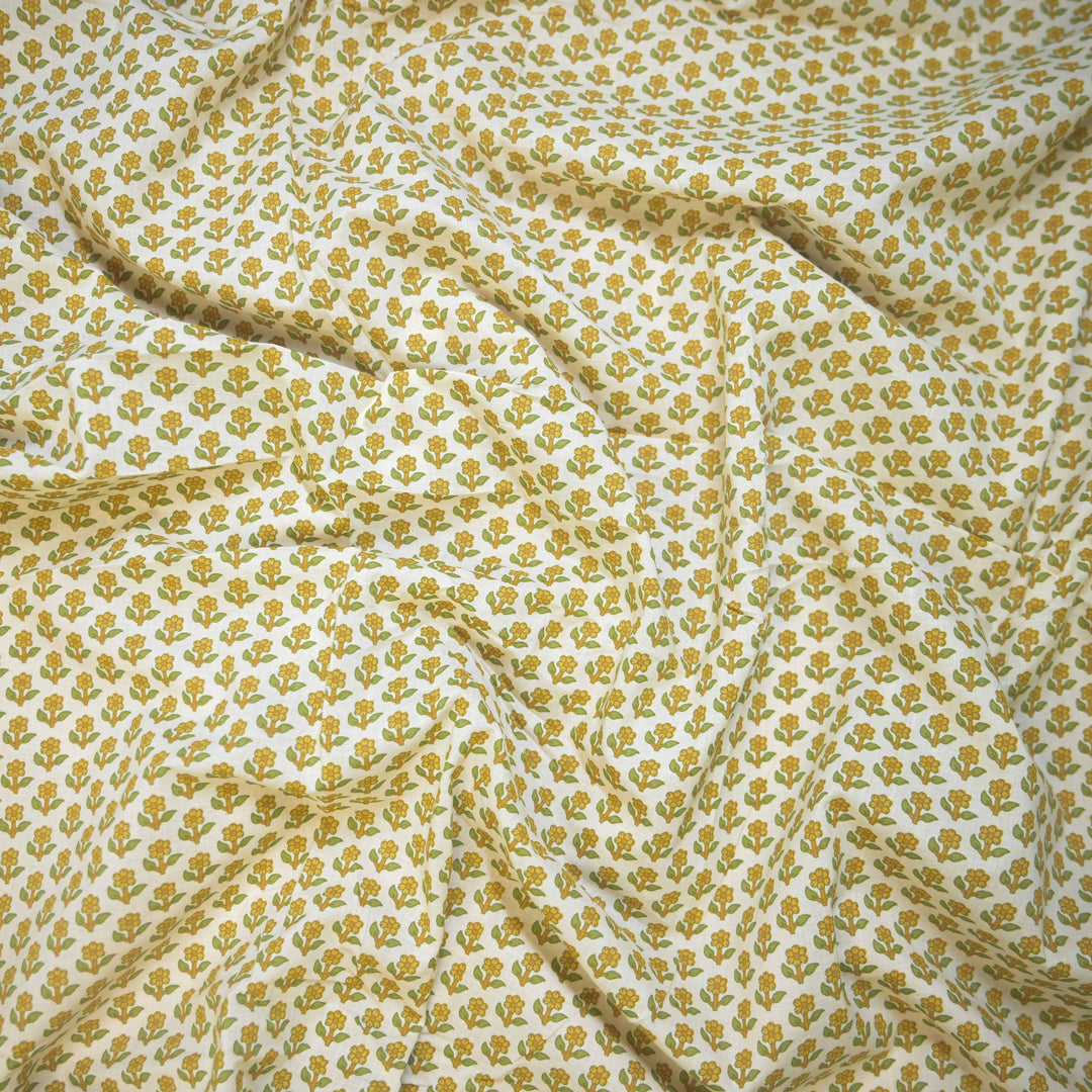 Lemon Yellow Mini Floral Buti Printed Cotton Fabric