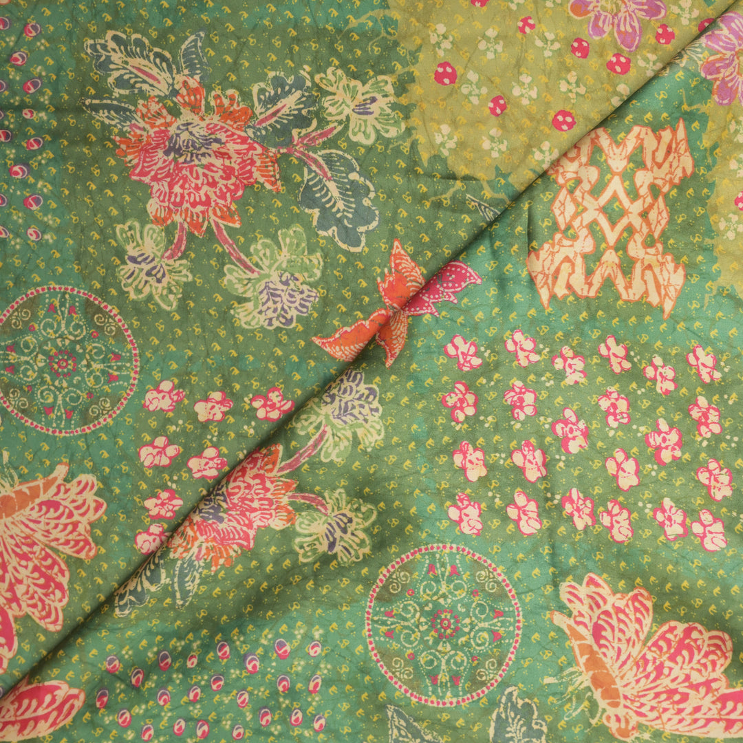 Green Modal Satin Fabric in Multicolor Digital Print