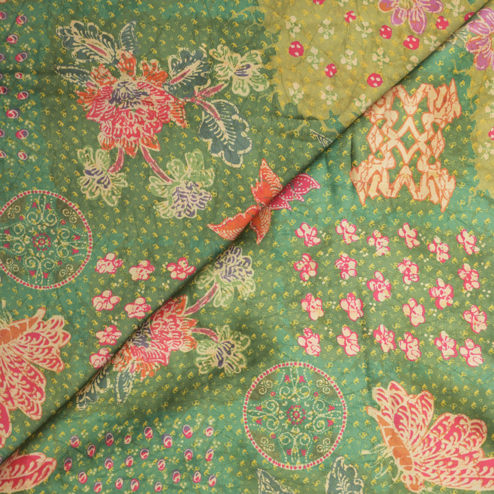 Green Modal Satin Fabric in Multicolor Digital Print