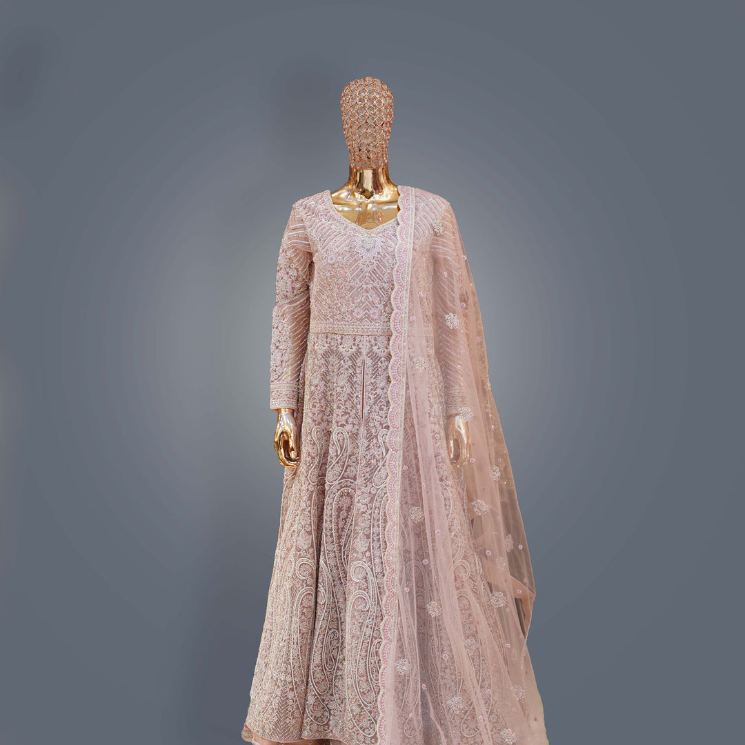 Blush Pink Designer Anarkali Bridal Dress with Heavy Zari, Sequins, Cutdana and Hand Embroidery