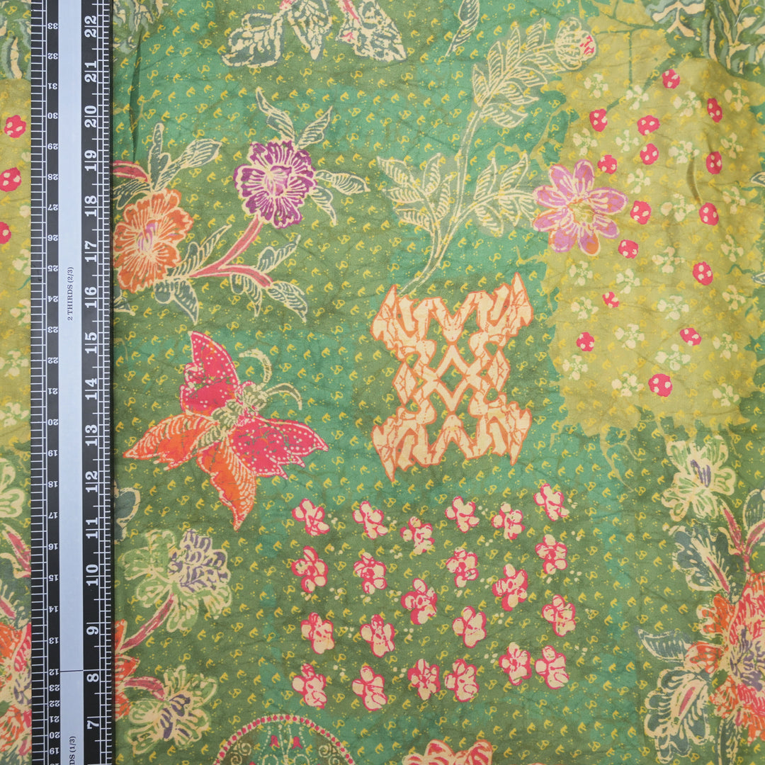 Green Modal Satin Fabric in Multicolor Digital Print