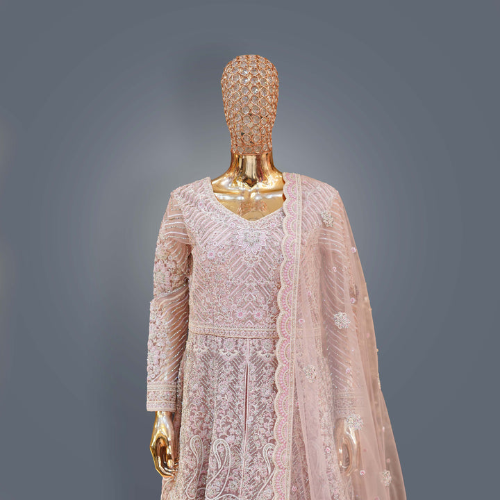 Blush Pink Designer Anarkali Bridal Dress with Heavy Zari, Sequins, Cutdana and Hand Embroidery