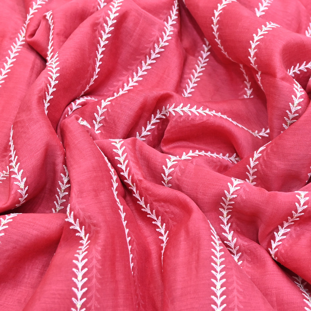 Pink Color Mul Chanderi Thread Embroidery Fabric – Soft Lightweight Designer Fabric- VI062C-3