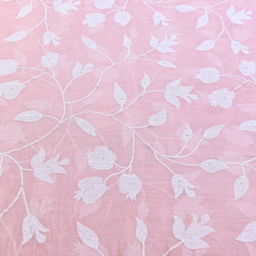 LIght Pink Color Mul Chanderi Thread Embroidery Fabric – Soft Lightweight Designer Fabric- V2274C-1