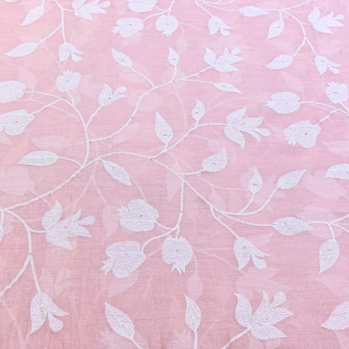 LIght Pink Color Mul Chanderi Thread Embroidery Fabric – Soft Lightweight Designer Fabric- V2274C-1