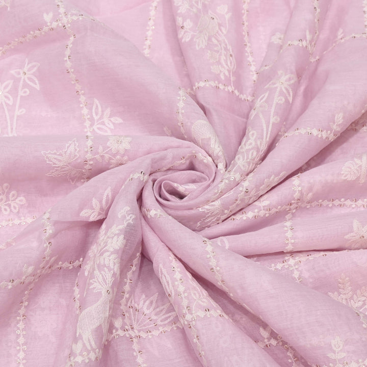 Faded Pink Color Mul Chanderi Thread with Sequins Embroidery Fabric