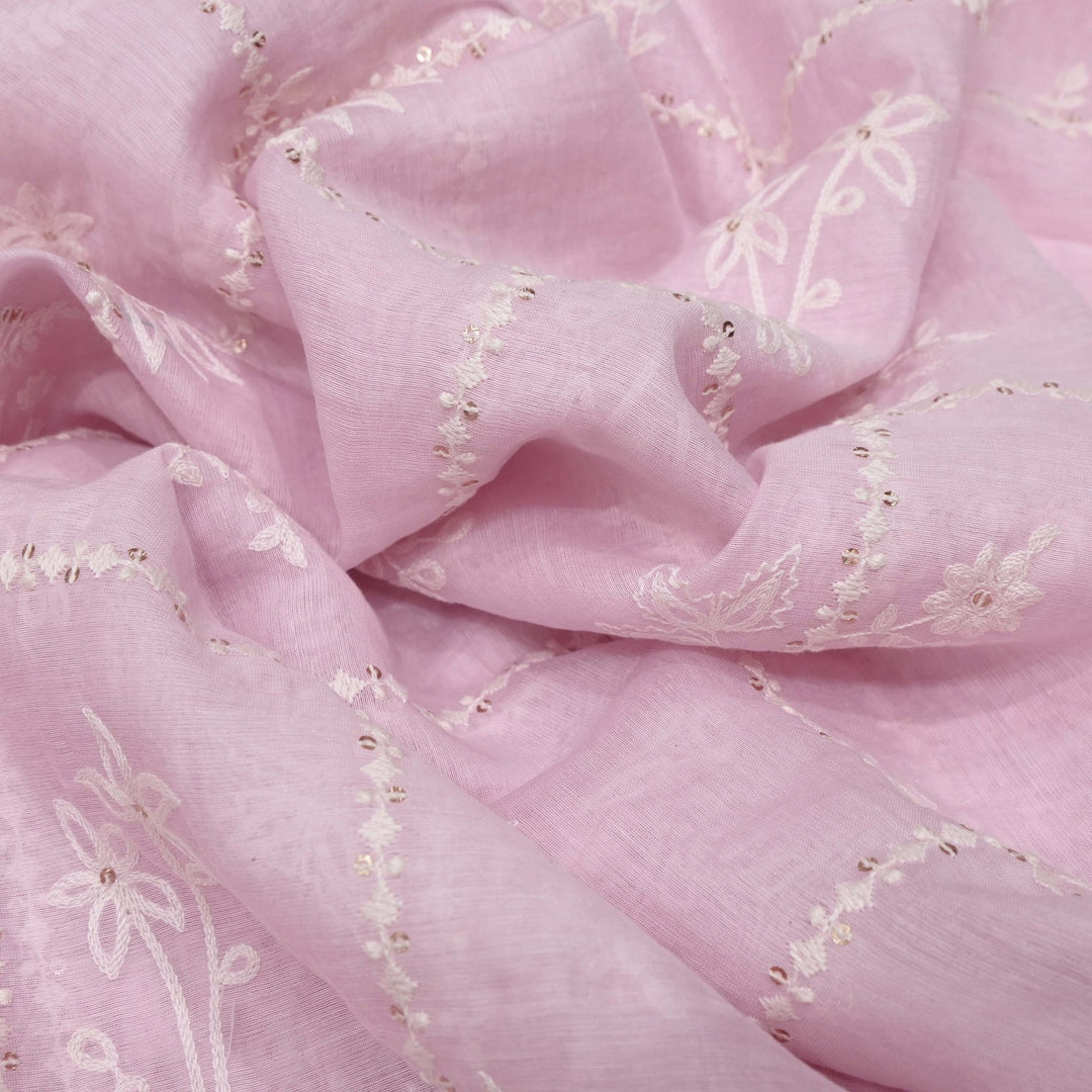 Faded Pink Color Mul Chanderi Thread with Sequins Embroidery Fabric