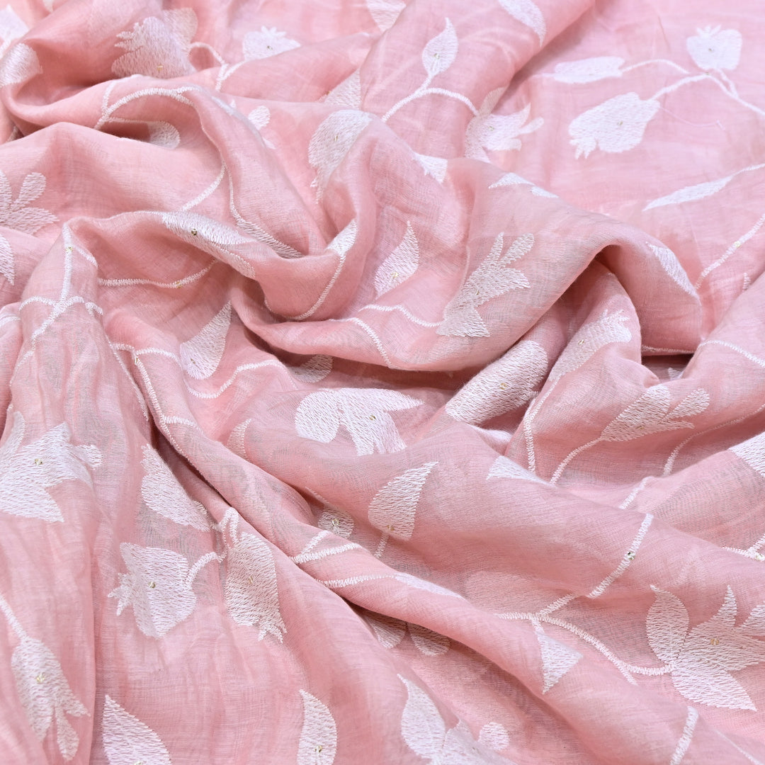 LIght Pink Color Mul Chanderi Thread Embroidery Fabric – Soft Lightweight Designer Fabric- V2274C-1