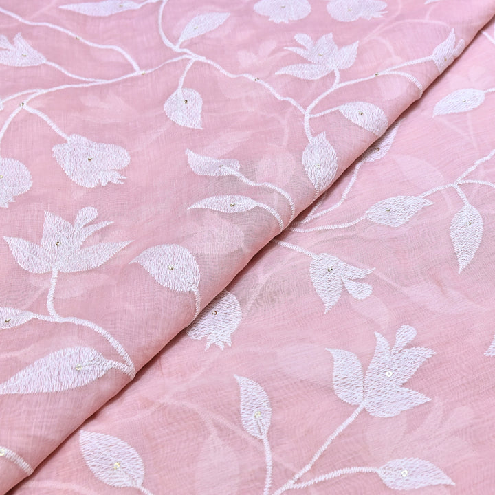 LIght Pink Color Mul Chanderi Thread Embroidery Fabric – Soft Lightweight Designer Fabric- V2274C-1