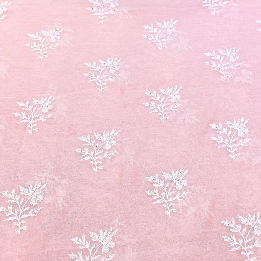 LIght Pink Color Mul Chanderi Thread Embroidery Fabric – Soft Lightweight Designer Fabric- V2359C-1