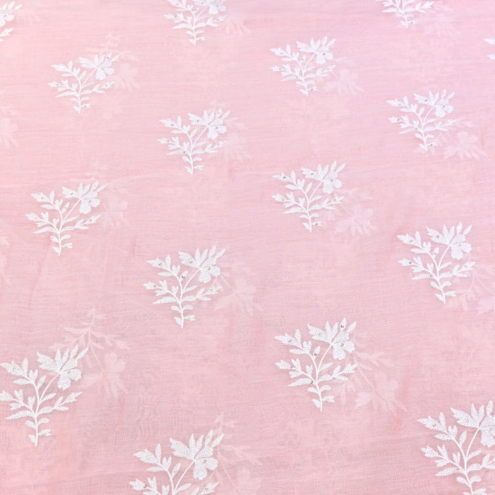 LIght Pink Color Mul Chanderi Thread Embroidery Fabric – Soft Lightweight Designer Fabric- V2359C-1