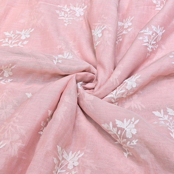 LIght Pink Color Mul Chanderi Thread Embroidery Fabric – Soft Lightweight Designer Fabric- V2359C-1