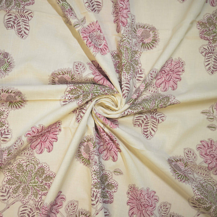 Off-White Cotton Fabric with Bagru Floral Print