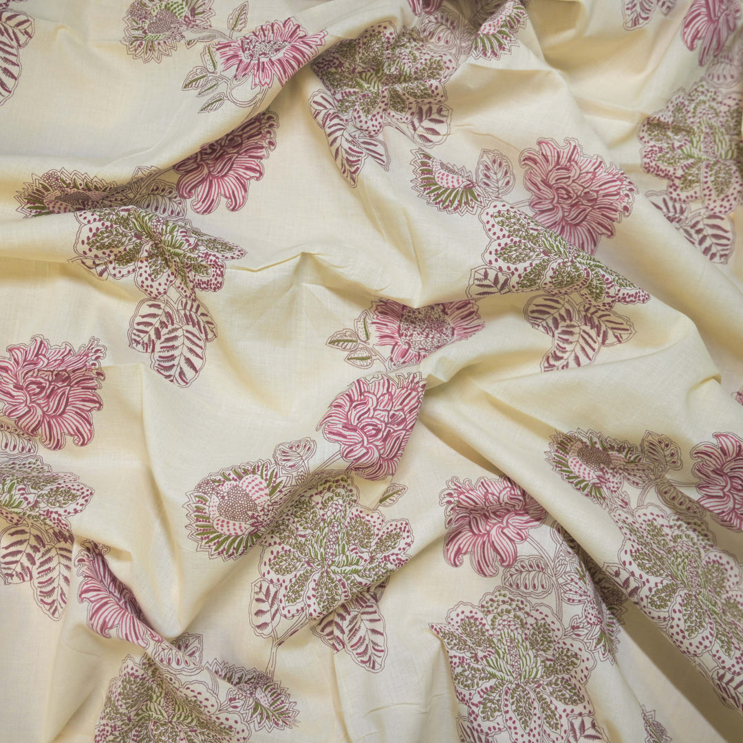 Off-White Cotton Fabric with Bagru Floral Print