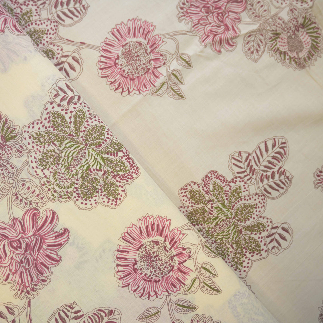 Off-White Cotton Fabric with Bagru Floral Print