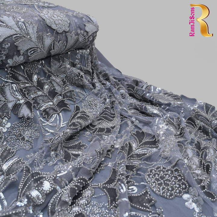 Imported Net Cutdana Sequins With Velvet Patchwork Embroidery Fabrics-24T75B