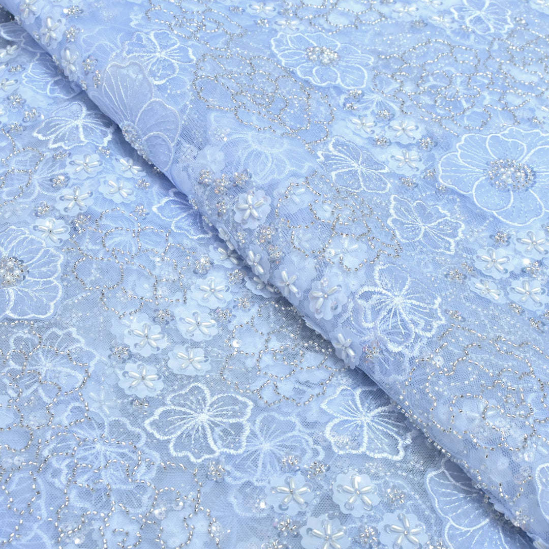 Cut dana and sequin heavy embroidered fabric with 3D flower on imported net