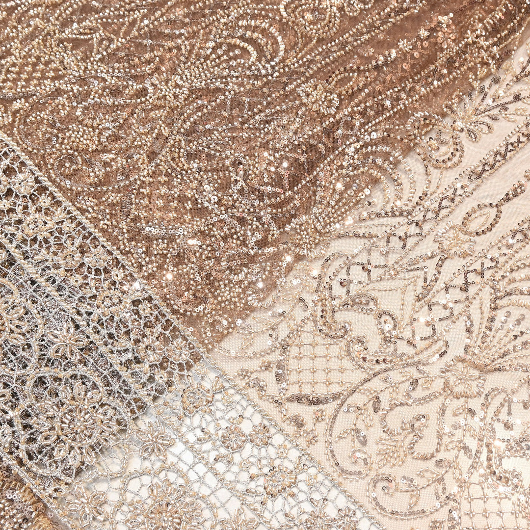 Premium Imported Heavy Moti, Beaded & Sequins Embroidered Net Fabric- 8828138-02