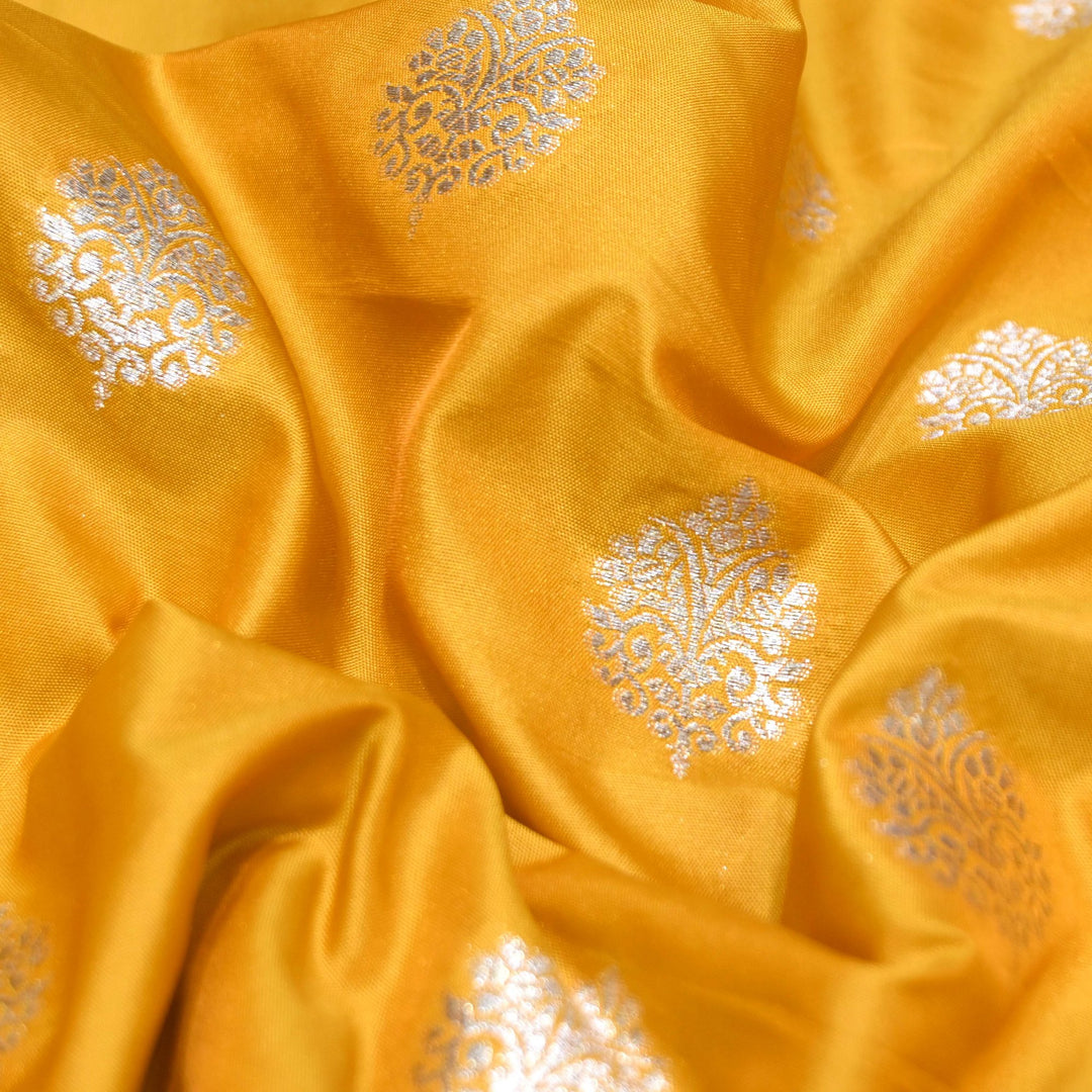 Fuel Yellow Color Katan Silk Zari Buti Brocade Fabric