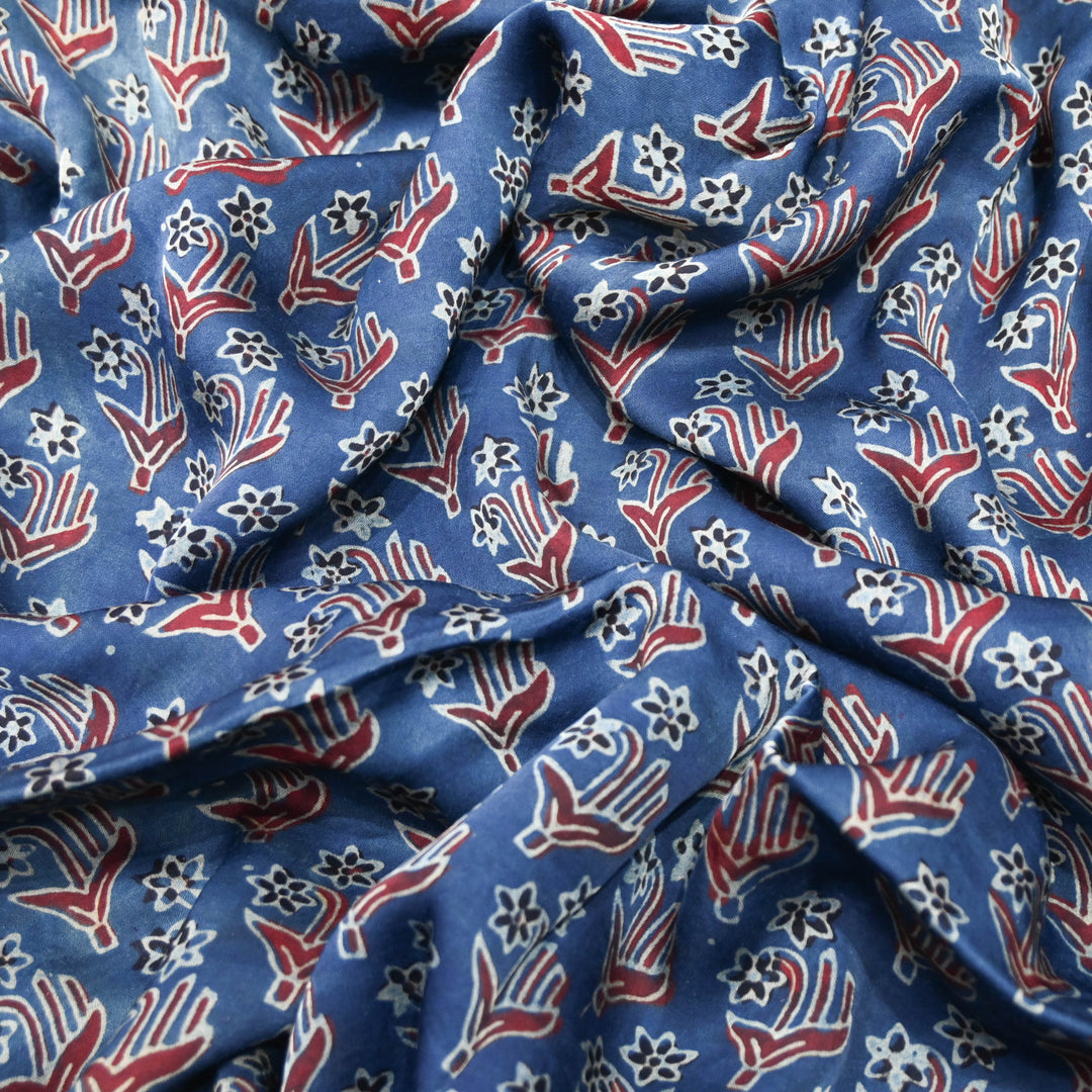 Ocean Blue Modal Satin Fabric in Digital Print.