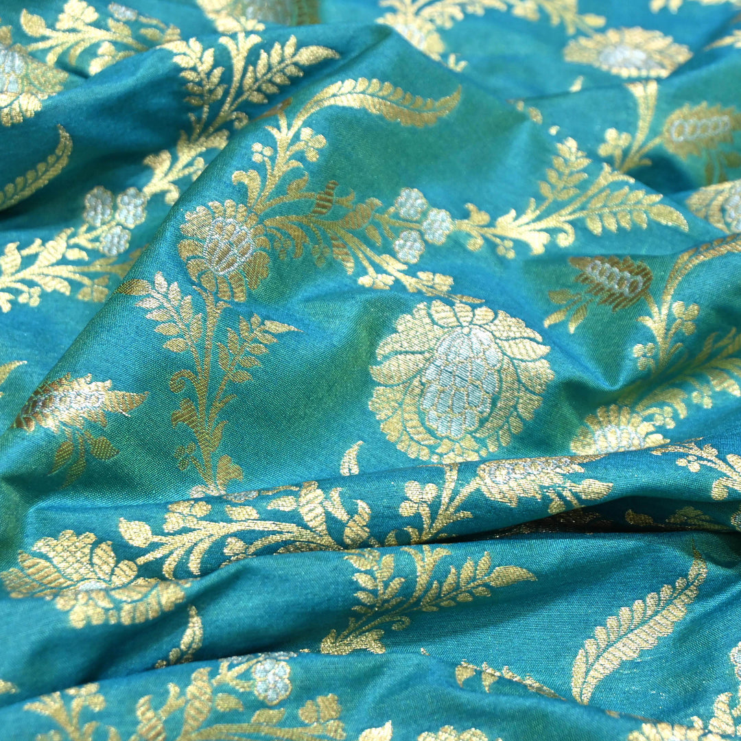 Teal Blue & Antique Gold Floral Brocade Fabric.