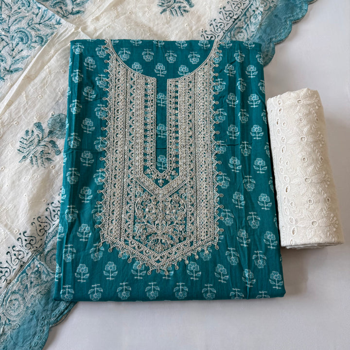 Printed Cotton Aari & Sequins Work Unstitched Suit Set