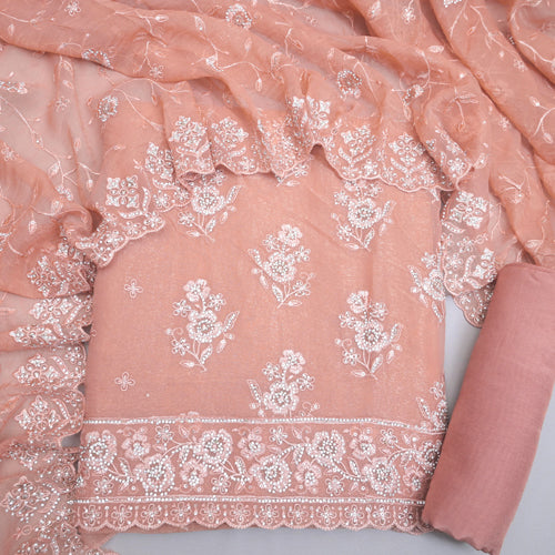 Peach Tissue Cut Dana Embroidery Unstitched suit set | 977-329