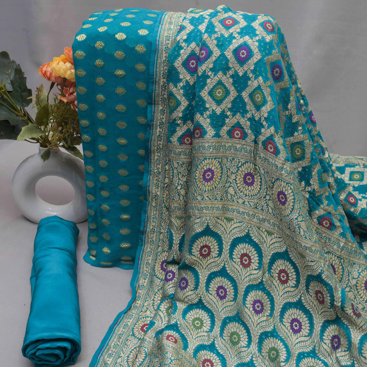 Sky Blue Zari Embroidery Unstitched Suit Set