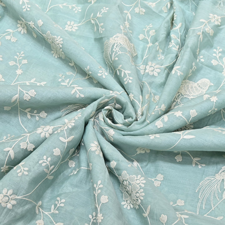 AQUA BLUE COLOR MUL CHANDERI THREAD EMBROIDERY FABRIC GP4120-1