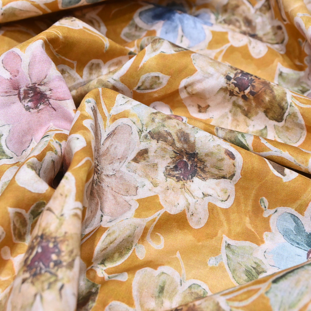 Mustard Yellow Floral Italian Lawn Print Fabric