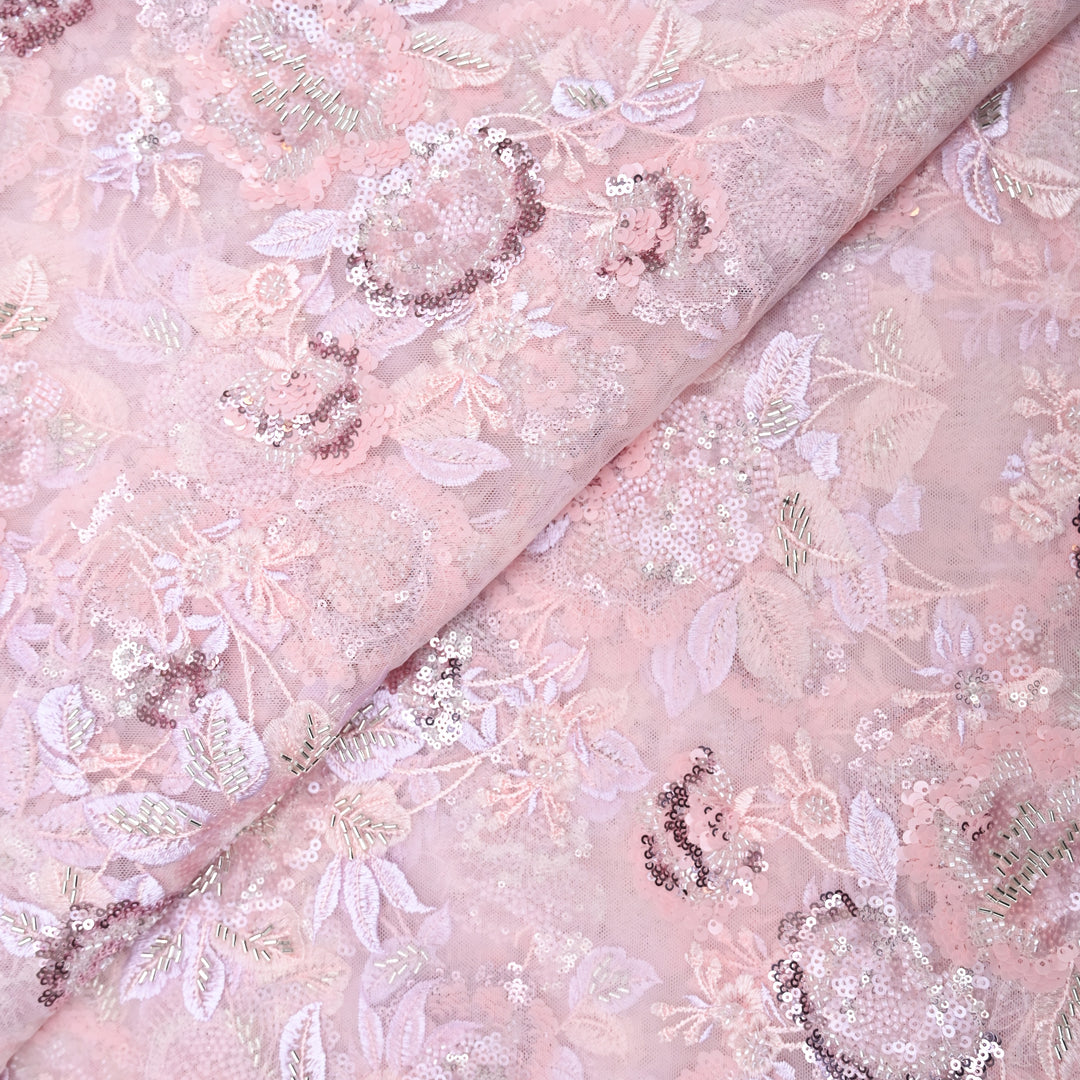 Blush Pink net embroidery fabric.|023-75B