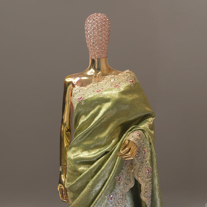 Aaira Olive Green Tissue Handwork Saree