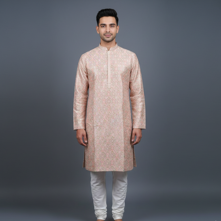 Peach Satin Silk Kurta Set