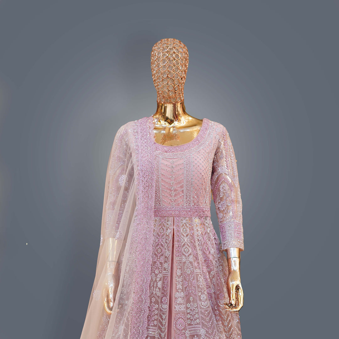 Rose Pink Designer Anarkali Bridal Dress with Sequins & Threadwork Embroidery