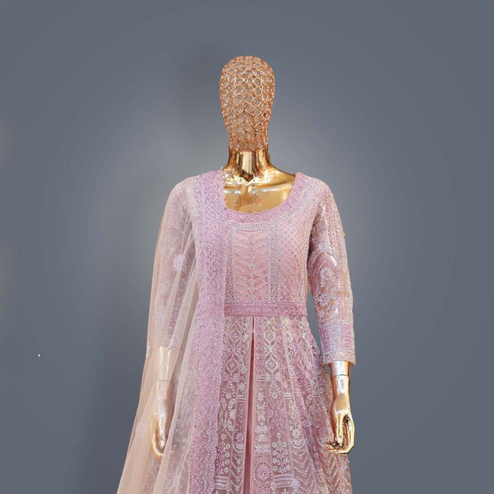 Rose Pink Designer Anarkali Bridal Dress with Sequins & Threadwork Embroidery